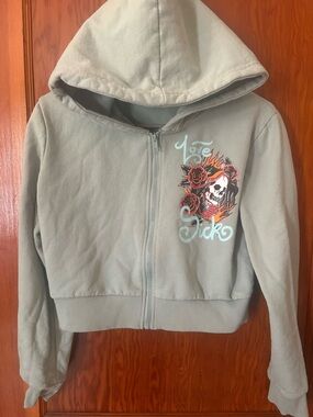 Fashion Nova Kids Zip Hoodie in Sage Green with Skull & Rose Graphic